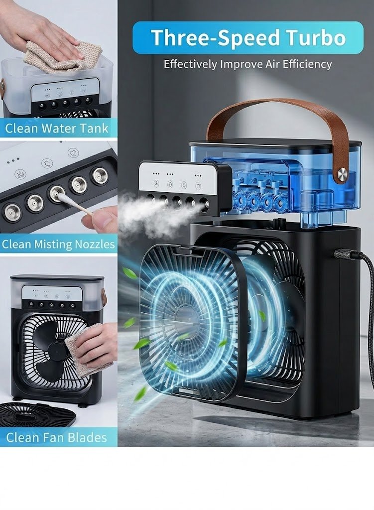 Portable Air Conditioner Fan, Evaporative Air Cooler, 600 ML Large Water Tank, 7 Colors LED - Image 3
