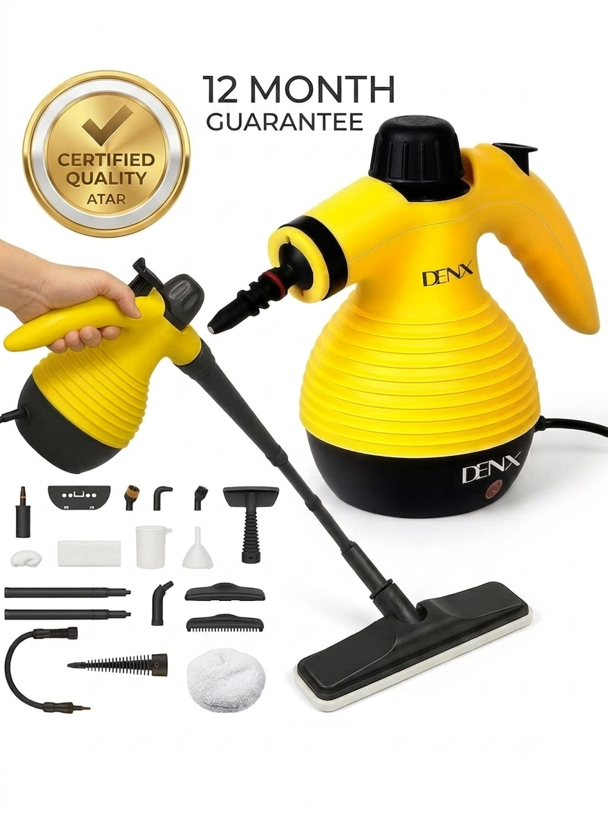 A multi-use steam cleaning device that operates electrically, with a power of 1200 watts, and a water capacity of 350 ml